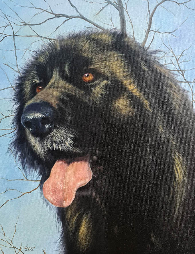 Musta koira maalattu kankaalle