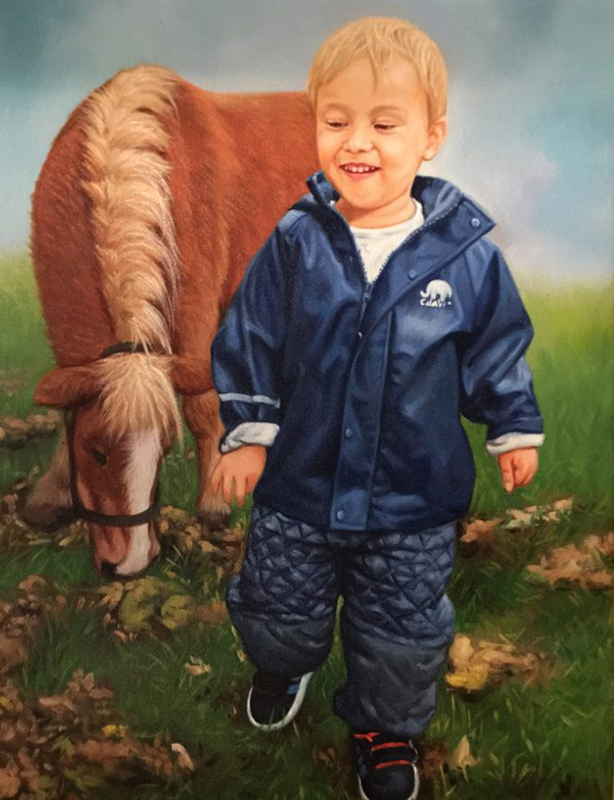 Öljymaalaus lapsesta hevosen kanssa